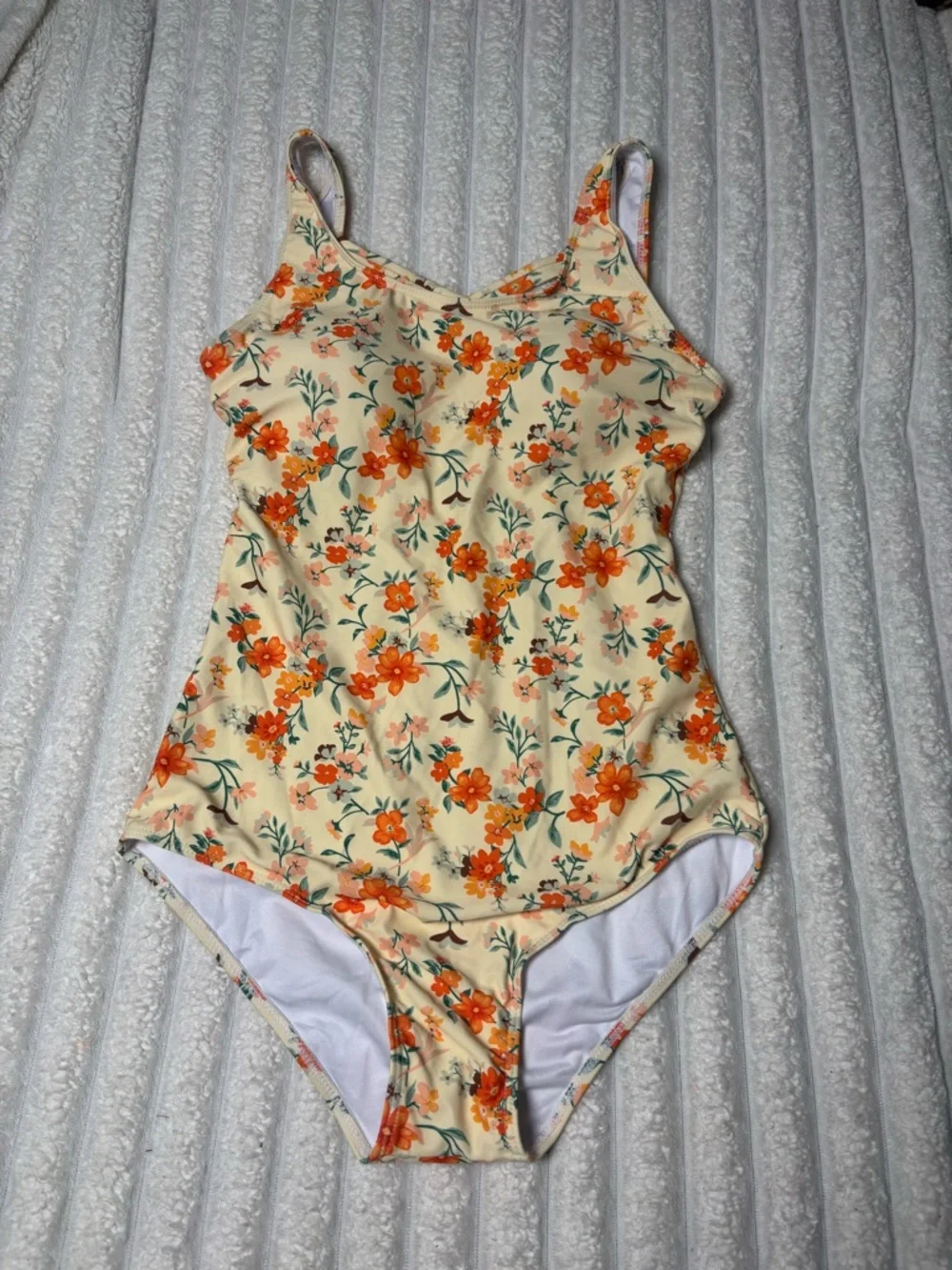 Floral Scoop Neck One-Piece Swimsuit - Cream with Orange Flowers